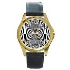 Black And White Stripes Round Gold Metal Watch by SpinnyChairDesigns