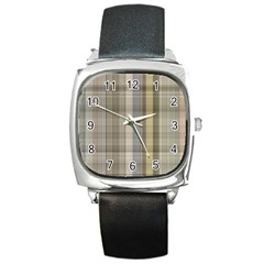 Beige Tan Madras Plaid Square Metal Watch