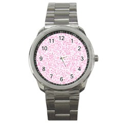 Pink And White Checkered Sport Metal Watch by SpinnyChairDesigns