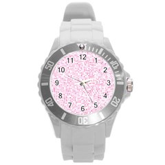 Pink And White Checkered Round Plastic Sport Watch (l) by SpinnyChairDesigns