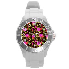 Background Rose Wallpaper Round Plastic Sport Watch (l)