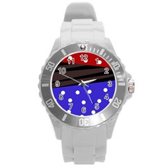 Mixed-lines-dots Black-bg Round Plastic Sport Watch (l) by Casemiro