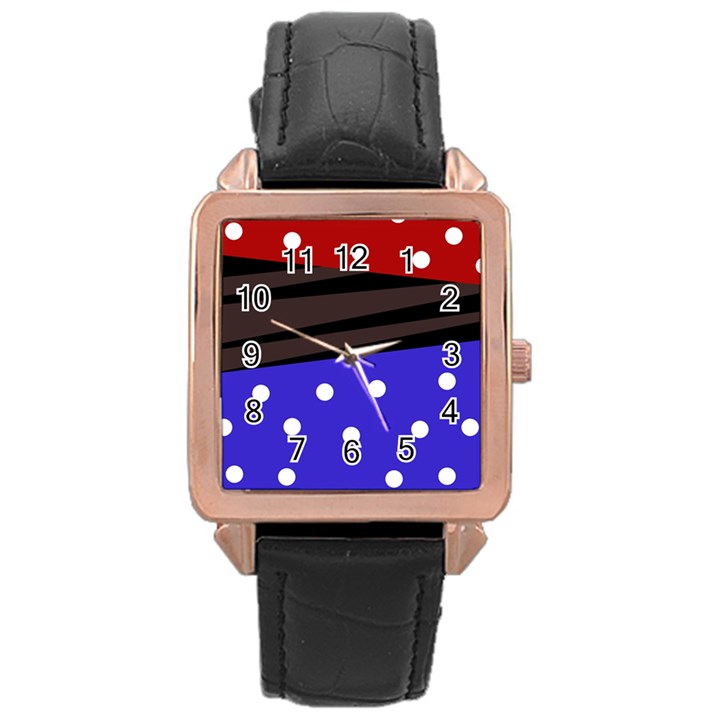 Mixed-lines-dots Black-bg Rose Gold Leather Watch 