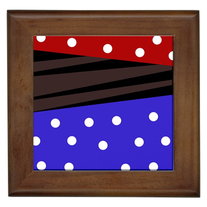 Mixed polka dots and lines pattern, blue, red, brown Framed Tile