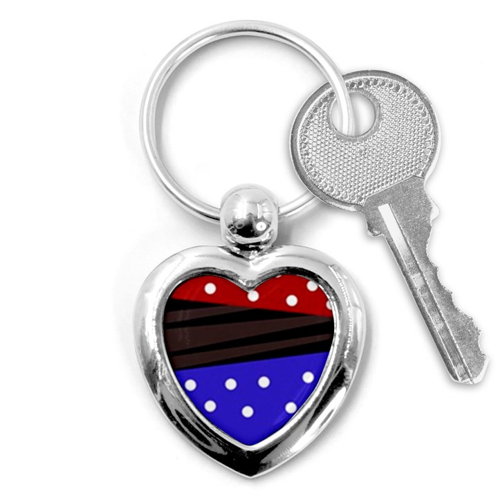 Mixed polka dots and lines pattern, blue, red, brown Key Chain (Heart)