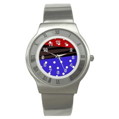 Mixed Polka Dots And Lines Pattern, Blue, Red, Brown Stainless Steel Watch by Casemiro