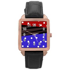 Mixed Polka Dots And Lines Pattern, Blue, Red, Brown Rose Gold Leather Watch  by Casemiro