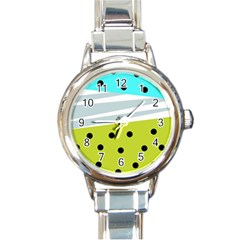 Mixed Polka Dots And Lines Pattern, Blue, Yellow, Silver, White Colors Round Italian Charm Watch by Casemiro