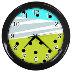 Mixed Polka Dots And Lines Pattern, Blue, Yellow, Silver, White Colors Wall Clock (black) by Casemiro