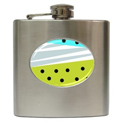 Mixed Polka Dots And Lines Pattern, Blue, Yellow, Silver, White Colors Hip Flask (6 Oz) by Casemiro