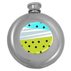 Mixed Polka Dots And Lines Pattern, Blue, Yellow, Silver, White Colors Round Hip Flask (5 Oz) by Casemiro