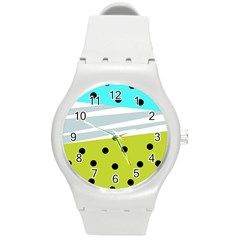 Mixed Polka Dots And Lines Pattern, Blue, Yellow, Silver, White Colors Round Plastic Sport Watch (m) by Casemiro