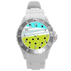 Mixed Polka Dots And Lines Pattern, Blue, Yellow, Silver, White Colors Round Plastic Sport Watch (l) by Casemiro