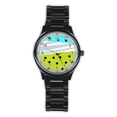 Mixed Polka Dots And Lines Pattern, Blue, Yellow, Silver, White Colors Stainless Steel Round Watch by Casemiro