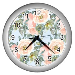 Pink Old Fashioned Roses Wall Clock (silver) by Angelandspot