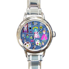 Blue Denim And Drawings Round Italian Charm Watch by snowwhitegirl