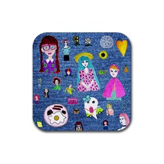 Blue Denim And Drawings Rubber Coaster (square)  by snowwhitegirl