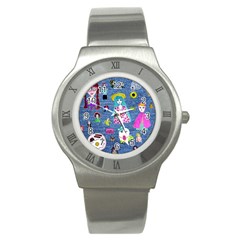 Blue Denim And Drawings Stainless Steel Watch by snowwhitegirl