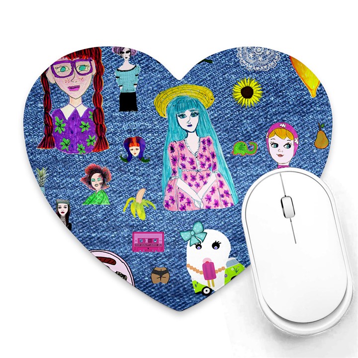 Blue Denim And Drawings Heart Mousepads