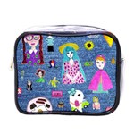 Blue Denim And Drawings Mini Toiletries Bag (One Side) Front