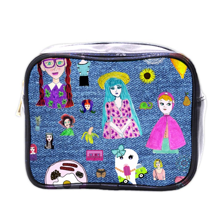 Blue Denim And Drawings Mini Toiletries Bag (One Side)