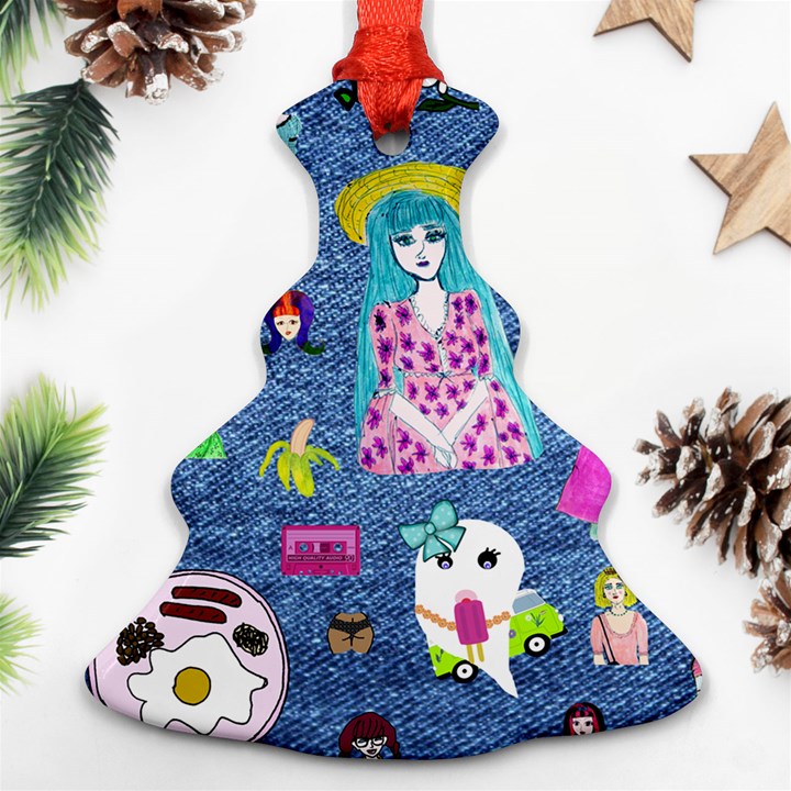 Blue Denim And Drawings Christmas Tree Ornament (Two Sides)