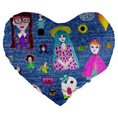 Blue Denim And Drawings Large 19  Premium Flano Heart Shape Cushions by snowwhitegirl