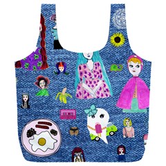 Blue Denim And Drawings Full Print Recycle Bag (xxl) by snowwhitegirl