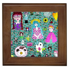 Blue Denim And Drawings Daisies Aqua Framed Tile by snowwhitegirl