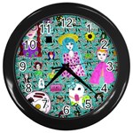 Blue Denim And Drawings Daisies Aqua Wall Clock (Black) Front