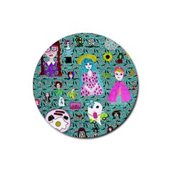 Blue Denim And Drawings Daisies Aqua Rubber Coaster (round)  by snowwhitegirl