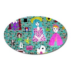 Blue Denim And Drawings Daisies Aqua Oval Magnet by snowwhitegirl