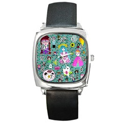 Blue Denim And Drawings Daisies Aqua Square Metal Watch by snowwhitegirl