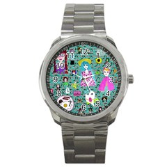 Blue Denim And Drawings Daisies Aqua Sport Metal Watch by snowwhitegirl