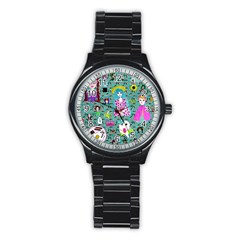 Blue Denim And Drawings Daisies Aqua Stainless Steel Round Watch by snowwhitegirl