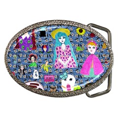 Blue Denim And Drawings Daisies Belt Buckles by snowwhitegirl