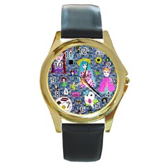 Blue Denim And Drawings Daisies Round Gold Metal Watch by snowwhitegirl