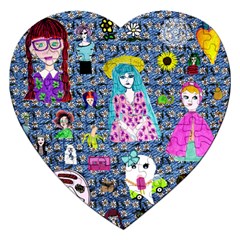 Blue Denim And Drawings Daisies Jigsaw Puzzle (heart) by snowwhitegirl