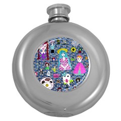 Blue Denim And Drawings Daisies Round Hip Flask (5 Oz) by snowwhitegirl