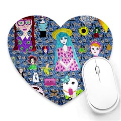 Blue Denim And Drawings Daisies Heart Mousepads by snowwhitegirl