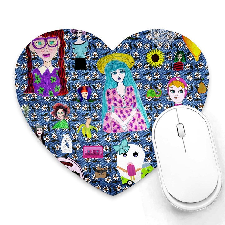 Blue Denim And Drawings Daisies Heart Mousepads