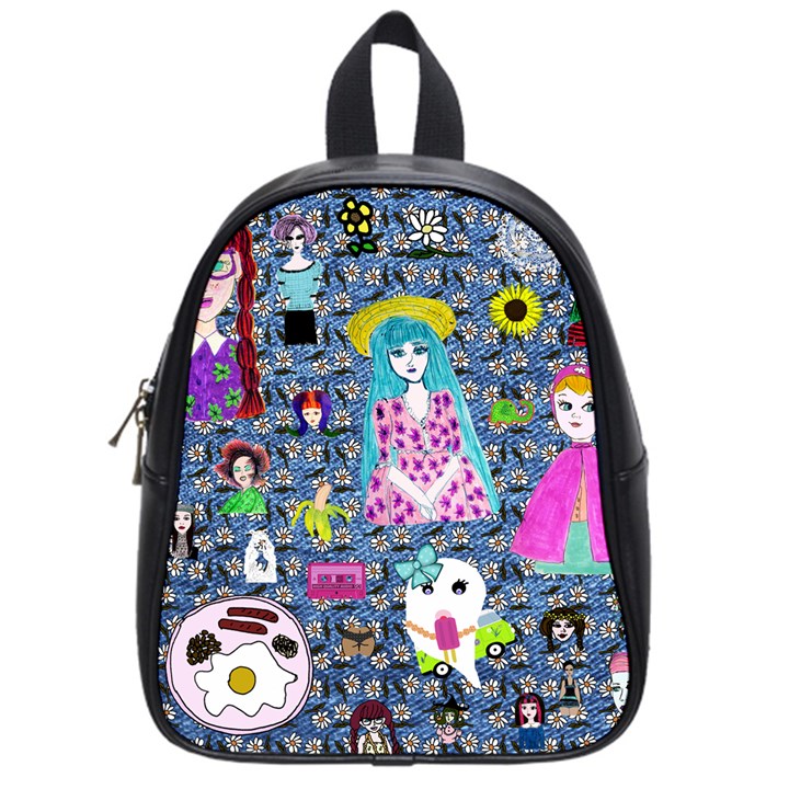 Blue Denim And Drawings Daisies School Bag (Small)