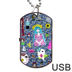 Blue Denim And Drawings Daisies Dog Tag Usb Flash (two Sides) by snowwhitegirl