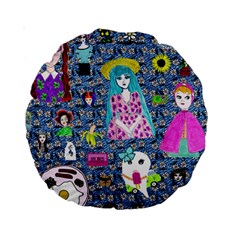 Blue Denim And Drawings Daisies Standard 15  Premium Round Cushions by snowwhitegirl