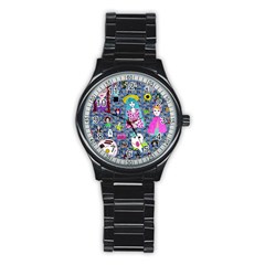 Blue Denim And Drawings Daisies Stainless Steel Round Watch by snowwhitegirl