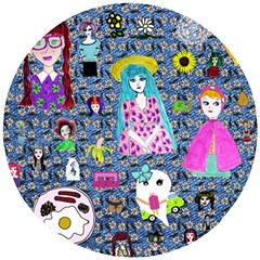 Blue Denim And Drawings Daisies Wooden Puzzle Round by snowwhitegirl