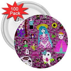 Blue Denim And Drawings Daisies Pink 3  Buttons (100 Pack)  by snowwhitegirl