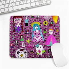 Blue Denim And Drawings Daisies Pink Large Mousepads by snowwhitegirl