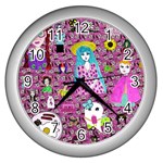 Blue Denim And Drawings Daisies Pink Wall Clock (Silver) Front