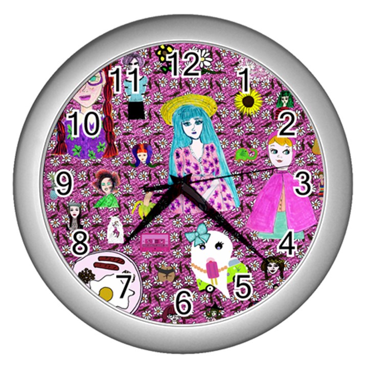 Blue Denim And Drawings Daisies Pink Wall Clock (Silver)